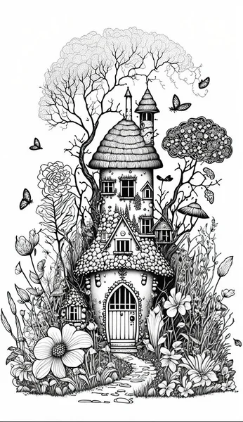 stock image Fairy House Coloring Page for Teens and Adults