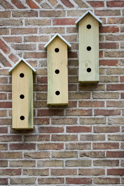 Three Birdhouses Sparrows Brick Wall — Stock Photo, Image