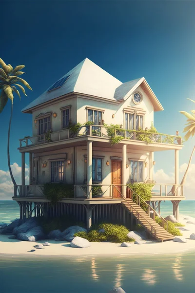 Summer houses at the ocean or sea with dramatic sky at sunset.Ai generated content