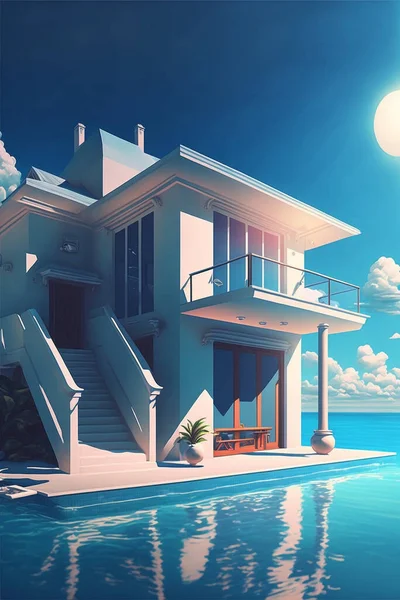 Summer houses at the ocean or sea with dramatic sky at sunset.Ai generated content