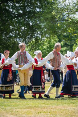 Vaxjo, İsveç, Haziran 2023: İnsanlar İsveç Midsommar Festivali sırasında geleneksel sargılarla Maypole etrafında toplandı