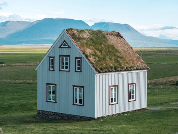 stock image Image of Traditional turf covered house in Glaumbaer, northwestern Iceland. Agricultural fields with horses, and snow-covered mountains in the background