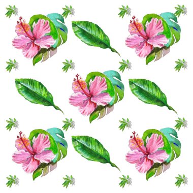 Tropikal Suluboya Vektör Çiçekleri Kusursuz Desen. Orman Botanik dokusu. El Boyalı Tropik Kumaş Tasarımı. Yaz Kıyafetleri Suluboya Çiçek Vektör Deseni. Retro Kusursuz Çiçeksiz Arkaplan.