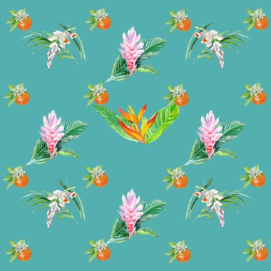 Hawaii Suluboya Vektör Çiçekleri Kusursuz Desen. Yaz Tekstil Suluboya Çiçek Vektör Deseni. Orman Botanik dokusu. Retro Kusursuz Çiçeksiz Duvar Kağıdı. El boyaması Hawaii Kıyafet Tasarımı.
