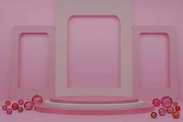 3Dピンクのプロジウムとガラスボール ピンクのディスプレイスタンド ミニマリストピンクの部屋 — ストック写真