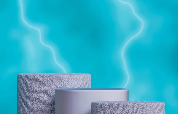 抽象的な白の表彰台の豪華な稲妻の背景 3Dサークルディスプレイスタンド青の稲妻の背景 — ストック写真