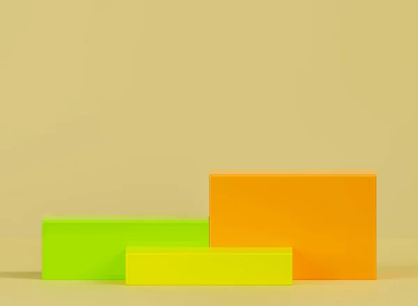 3D正方形の表彰台緑のオレンジと黄色のセットを持つ抽象的な3D部屋 空のプラットフォーム カラフルな3Dイラスト — ストック写真