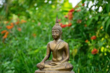 Doğada Buda heykeli, güzel altın rengi Buda heykeli, doğada Buda heykeli gün batımında bulanık arkaplan