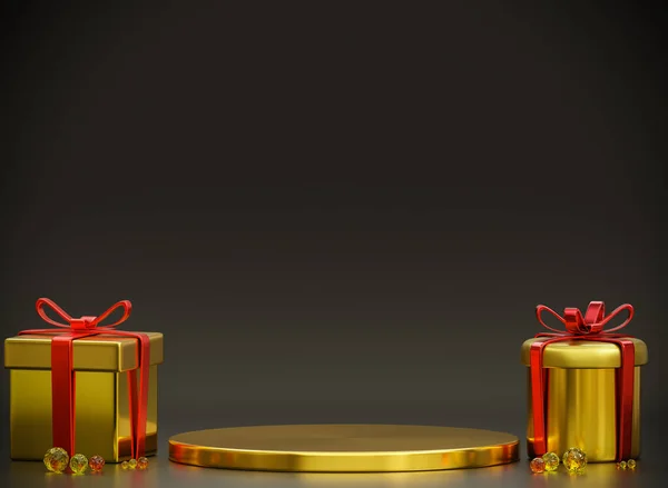 ゴールド幾何学的な台座の表彰台とギフトボックス 3Dゴールデン高級円 赤い弓で結ばれた黄金のギフトボックス — ストック写真
