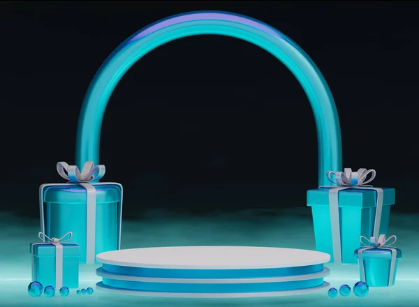 ギフトボックスと表彰台ディスプレイスタンド付きパステルブルーの背景ショー高級製品包装プレゼンテーション 3Dモデルとイラスト — ストック写真