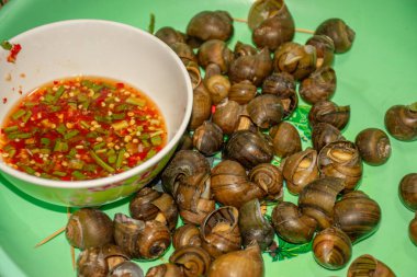 Haşlanmış altın elma salyangozu nehri Tayland 'da Asya yemekleri için pişirilmiş baharatlı acı biber soslu salyangoz nautilus ammoniti.