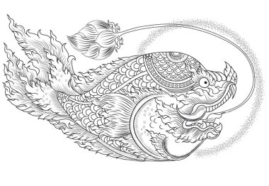 Lai Thai ya da Line Thai sazan balığı arka planda kalır. Geleneksel Tayland balık dövmesi