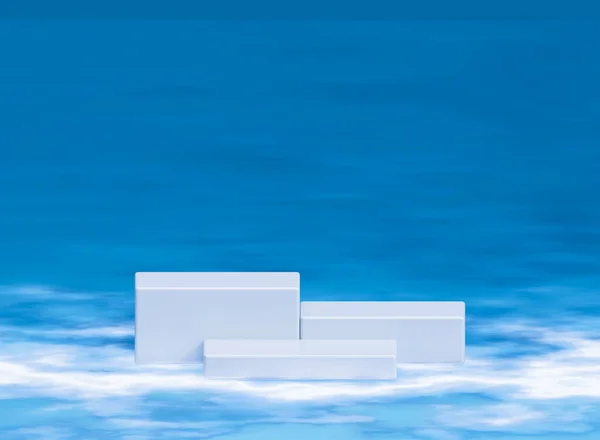 白い正方形のペデスタル ステップ パターン青い背景は プロダクト提示 3Dレンダリングのための表彰台を占めます — ストック写真