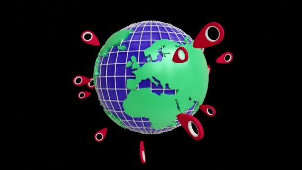 Planeta Ziemia Czerwonymi Wskaźnikami World Lokalizacja Pin — Wideo stockowe