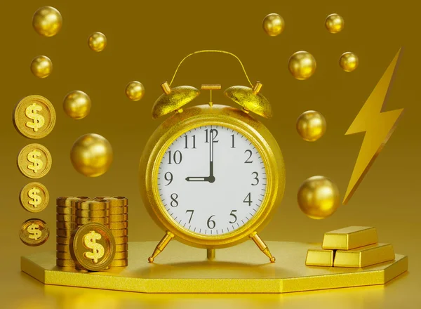 alarm clock gold gold background money coins.investment concept gold.gold money coins with alarm clock