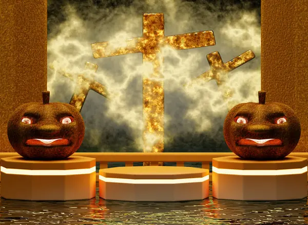 Display stand for Halloween festival 3D. and a concept Halloween festival. 3D render.Minimal Halloween scene with 3D backdrop display