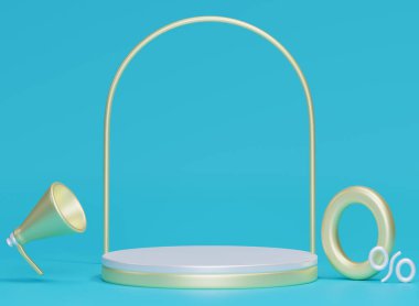 Beyaz ve altın daireler 3d lüks. Pastel mavi arka fon. Yüzde 0 indirim. Podyum yüzde iş afişi.