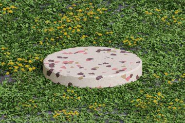 Soyut minimal sahne, kozmetik veya ürün için tasarım 3D podyum görüntüleme. Gri ve beyaz taş podyumlu organik vitrin