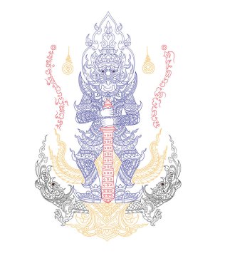 Thai Yantra dövmesi, yant Thao Wessuwan stili. Tayland tılsımı geleneksel dövmesi.