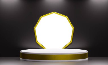 Siyah arka planda izole edilmiş, altın çerçeveli ve kurdeleli beyaz podyum.