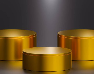 Üç adet lüks altın yuvarlak ekran ürün sergisi, 3 boyutlu..