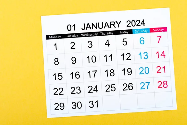 Календар Desk 2024 Січень Місяць Планування Завершення Роботи Організатора Жовтим Стокова Картинка