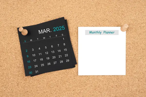 Black Calendar Sheet March 2025 Blank Adhesive Notes Monthly Planner — Stock Photo, Image