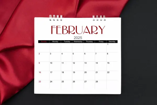 February 2025 Monthly Desk Calendar Red Silk Black Color Leather — Stock Photo, Image