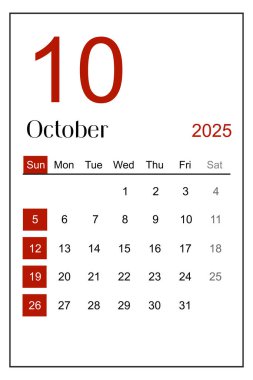 Takvim Ekim 2025 beyaz arkaplanda izole edilmiş düz biçim, kırpma yolunu kaydet.