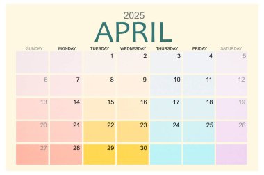 Nisan 2025 Renkli takvim sayfası beyaz arkaplanda izole edildi, kırpma yolunu kaydet.