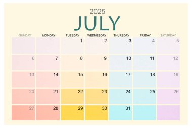 Temmuz 2025 Renkli takvim sayfası beyaz arkaplanda izole edildi, kırpma yolunu kaydet.