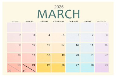 Mart 2025 Renkli takvim sayfası beyaz arkaplanda izole edildi, kırpma yolunu kaydet.