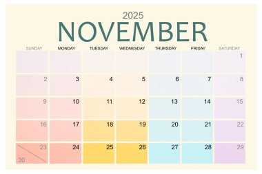 Kasım 2025 Renkli takvim sayfası beyaz arkaplanda izole edildi, kırpma yolunu kaydet.