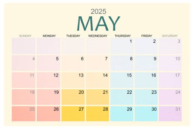 Mayıs 2025 Renkli takvim sayfası beyaz arkaplanda izole edildi, kırpma yolunu kaydet.