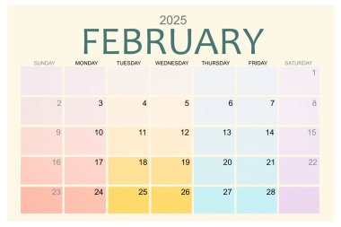 Şubat 2025 Renkli takvim sayfası beyaz arkaplanda izole edildi, kırpma yolunu kaydet.