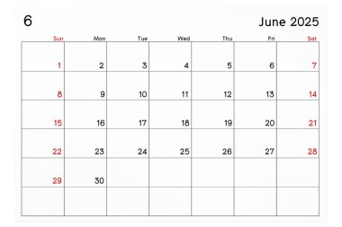 Takvim Haziran 2025 beyaz arkaplanda izole edilmiş, kırpma yolunu kaydet