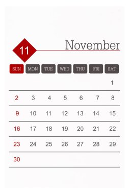 Takvim Kasım 2025 beyaz arkaplanda izole edilmiş düz biçim, kırpma yolunu kaydet.