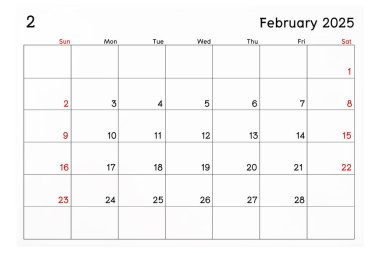 Takvim Şubat 2025 beyaz arkaplanda izole edilmiş, kırpma yolunu kaydet.