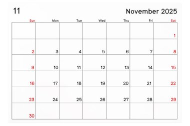 Takvim Kasım 2025 beyaz arkaplanda izole edilmiş, kırpma yolunu kaydet.