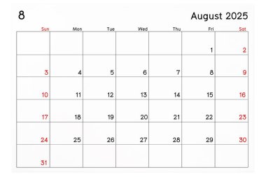 Takvim Ağustos 2025 beyaz arkaplanda izole edilmiş, kırpma yolunu kaydet.