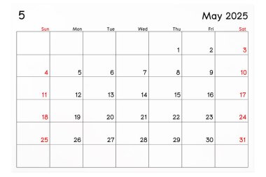 Takvim Mayıs 2025 beyaz arkaplanda izole edilmiş, kırpma yolunu kaydet.