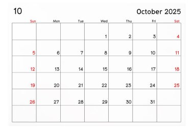 Takvim Ekim 2025 beyaz arkaplanda izole edilmiş, kırpma yolunu kaydet.