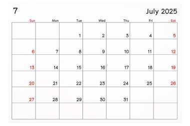 Takvim Temmuz 2025 beyaz arkaplan üzerinde izole edilmiş, kırpma yolunu kaydet.