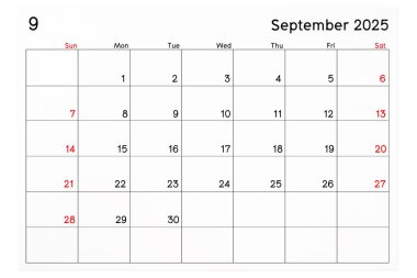 Takvim Eylül 2025 beyaz arkaplanda izole edilmiş, kırpma yolunu kaydet.