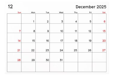 Takvim Aralık 2025 beyaz arkaplan üzerinde izole edilmiş, kırpma yolunu kaydet.