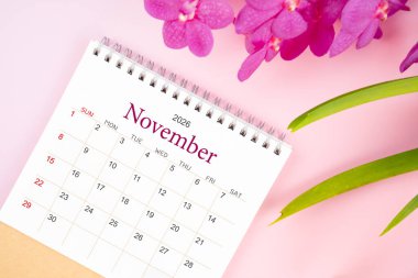 Kasım 2026 'da çiçek açan pembe orkideli masa takvimi. Derisi yüzülmüş.