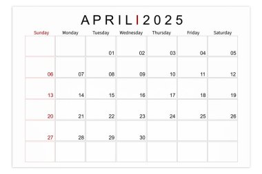 Nisan 2025 Boş takvim sayfası beyaz arkaplanda izole edildi, kırpma yolunu kaydet.