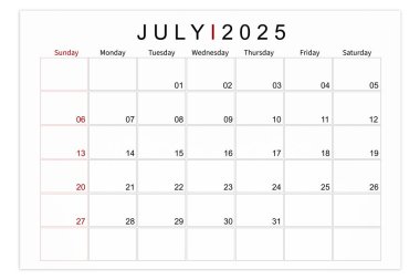 Temmuz 2025 Boş takvim sayfası beyaz arkaplanda izole edildi, kırpma yolunu kaydet.