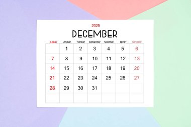 2025 yılı için renkli aralık takvim kartı.