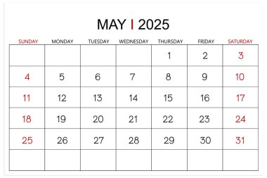 Takvim Mayıs 2025 beyaz arkaplanda izole edildi. Kırpma yolunu kaydet.